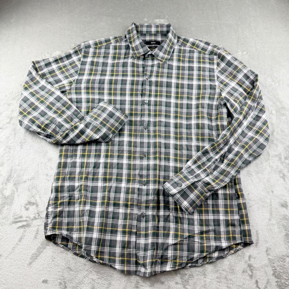 BOSS Hugo Boss Men's Large Slim Fit Plaid Button Down Shirt Green Gray Yellow